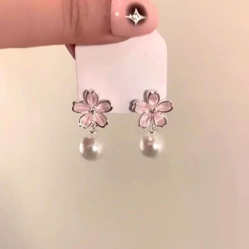 Silver Needle Pink Flower Tassel Pearl Earrings Women's New Popular Spring Temperament Earrings Premium Earrings