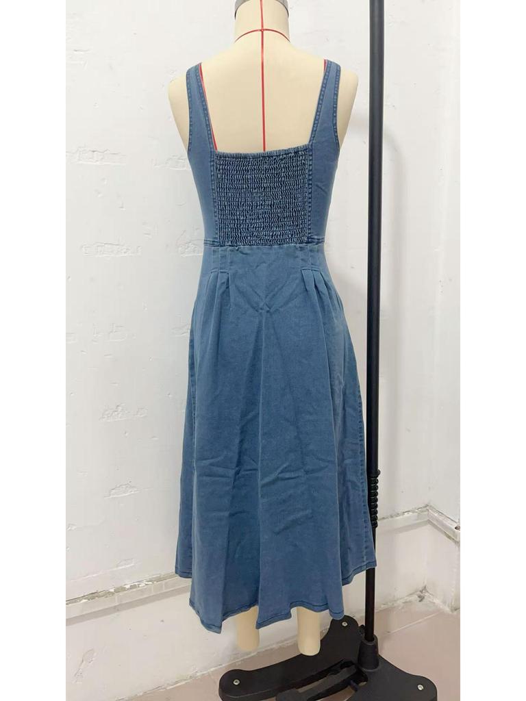 2026 Summer Women's Blue Denim Strappy Single-breasted Mid-length Dress