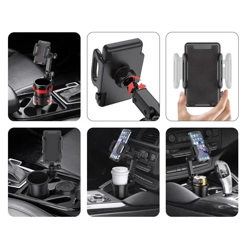 Supporto espandibile per portabicchieri auto con supporto per cellulare girevole a 360°, accessorio per interni auto.