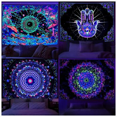 VIKAMA Neon Illusion Hamsa Hand Tapestry Cosmic Nebula All Seeing Eye Meditation Room Bohemian Bedroom Home Decor Tapestry