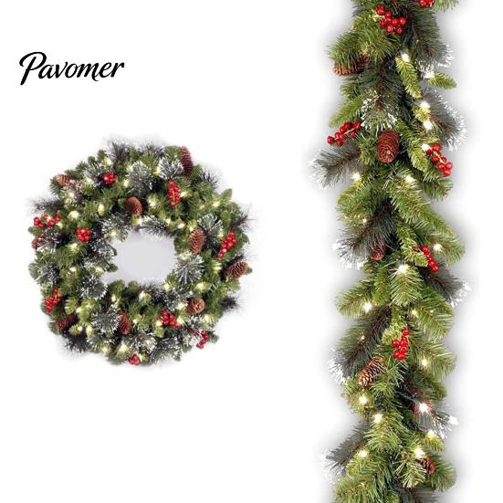 High-quality Christmas Wreath with Light Frosted Artificial Berries And Pine Long-lasting Holiday Decor Cones for Front Door Window Wall Indoor