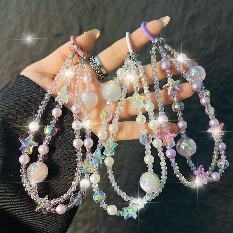 New Crystal Starfish Double Layer Phone Chain Short Crystal Pearl Beaded Phone Strap Wrist Bag Pendant Anti-Lost