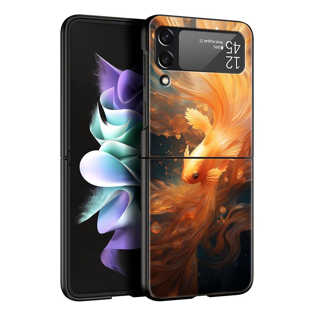 Goldfish Swimming Hard PC Phone Case For Samsung Galaxy Z Flip 7 6 5 4 Black Cover For Galaxy Z Flip 3 Foldable Shell Fundas Bag