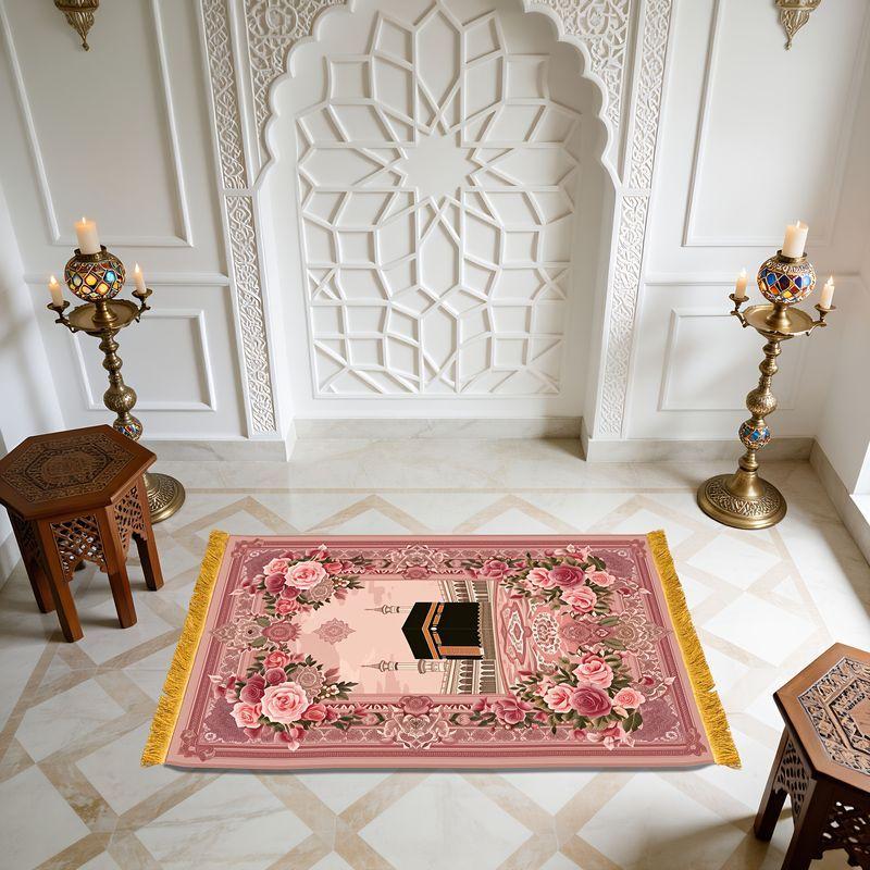 Floral Tassel Prayer Rug, Lightweight Portable Non-Slip Prayer Mat, Islamic Worship Rug for Home Decor