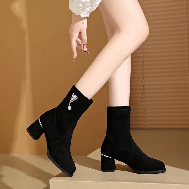 Fashion Shoes for Women 2024 Hot Sale Sleeve Women's Boots Spring Autumn Round Toe Suede Solid Short Barrel Block Heels Fashion Boots