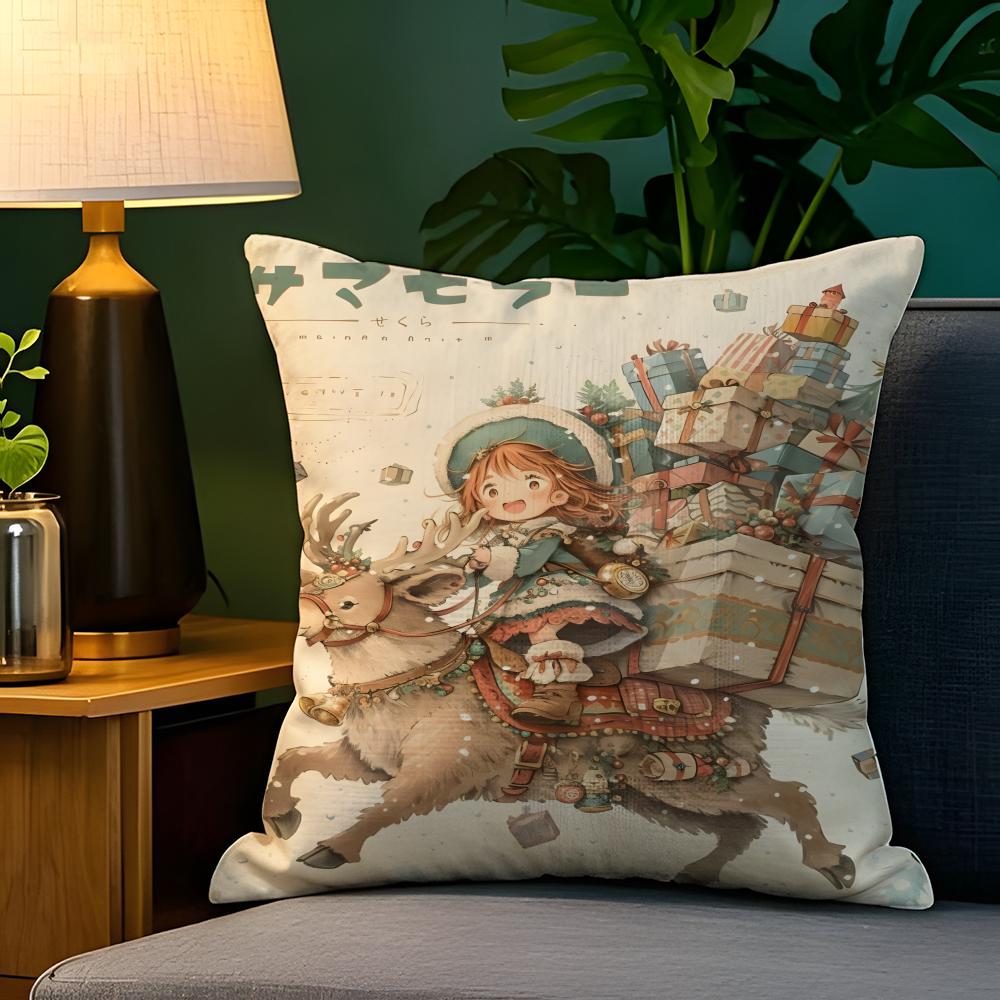 Stamp-Style Girl Illustrations 2 Pillow Case Natural Linen Pillow Case Double-Sided Decor Sofa Pillowcase Home Decor