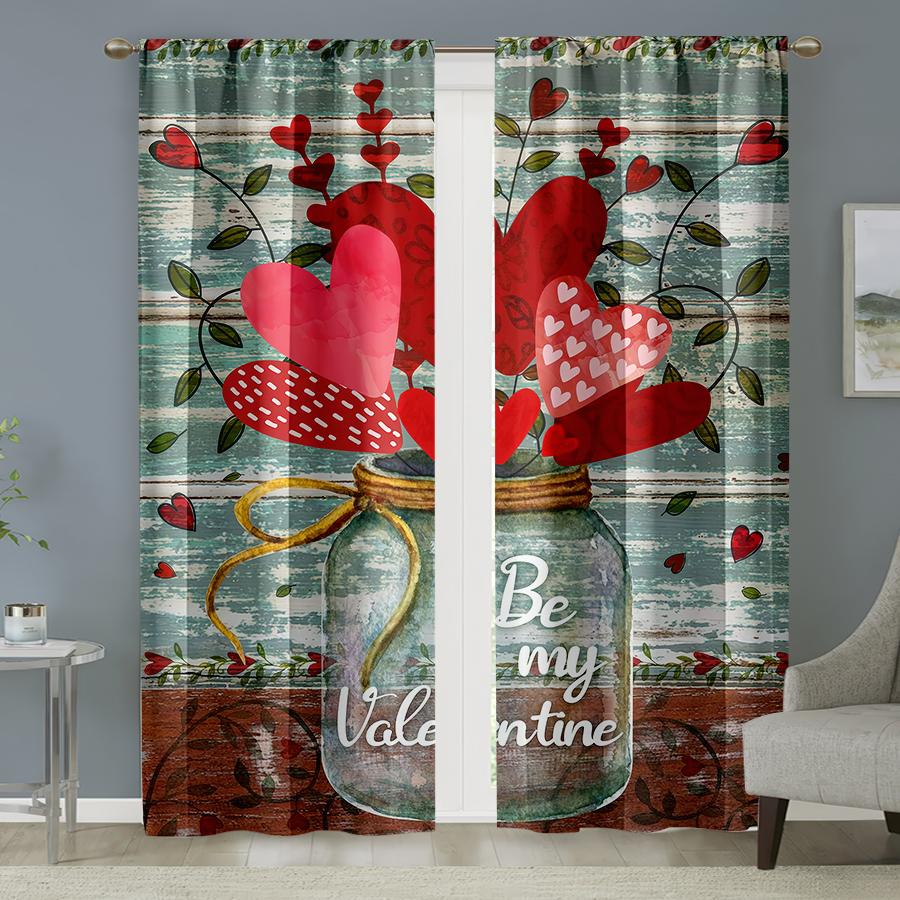 

Set Of 2 Artistic Retro Be My Valentine Heart Shaped Curtains Living Room Bedroom Decorative Drawbar Pockets Curtain Polyester Perfect For Sitting W100*H70(CM)-Hooks&1PCS