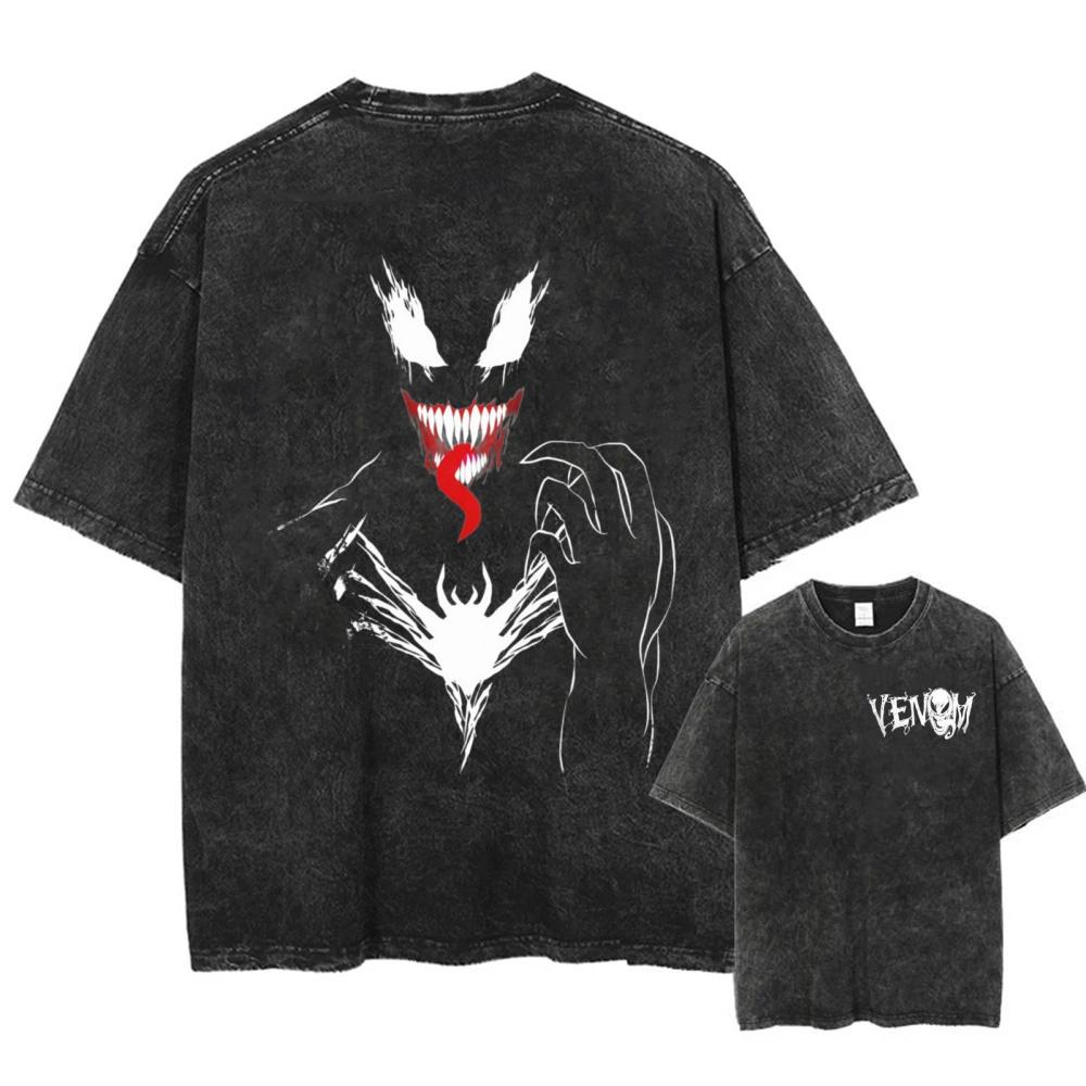 Marvel Venom Geprint T-shirt Trendy Casual Unisex Korte Mouwen Katoen Gewassen Vintage Los T-shirt
