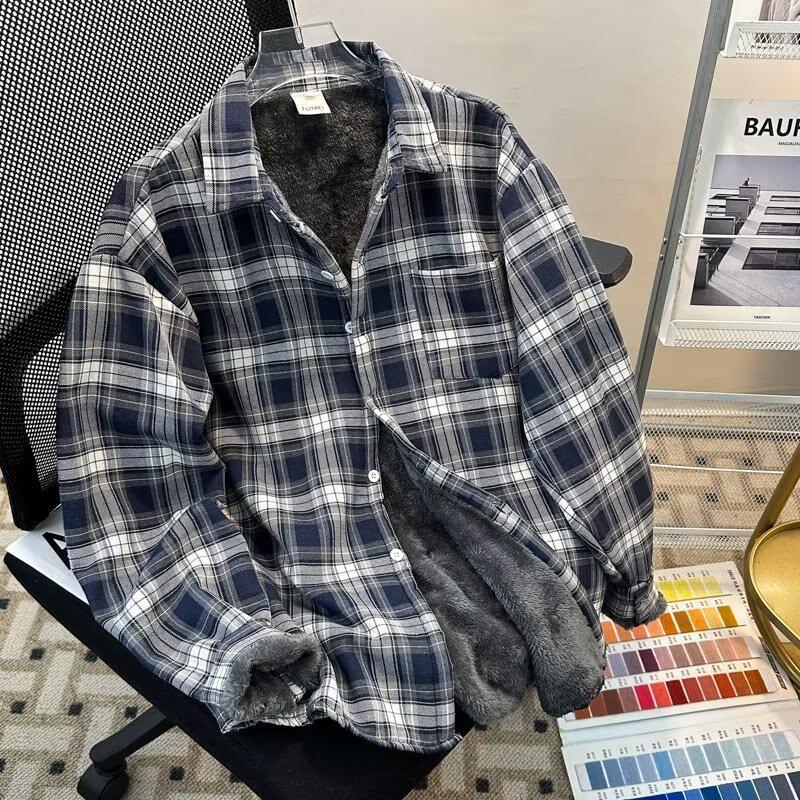 

Мужская повседневная клетчатая флисовая рубашка в японском и гонконгском стиле, с длинным рукавом, универсальная свободная куртка XL
