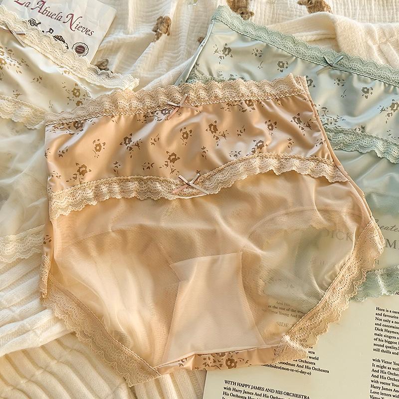 Plus Size Ladies' Retro Bow Flower High Waisted Sexy Lace Breathable Triangular Underwear