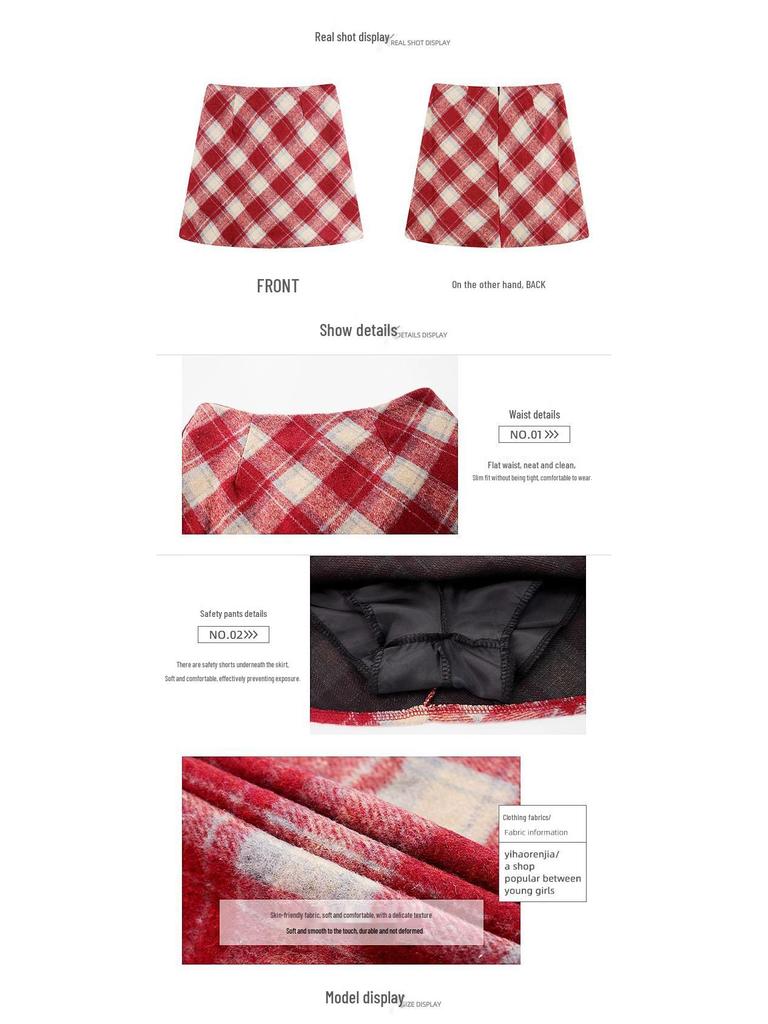 Women's High Waist Woolen Red Plaid A-Line Skirt - Hip-Hugging, Slimming, Autumn/Winter 2026