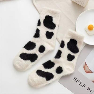 Kawaii Cow Spots Dinosaur Velvet Socks Sweat Absorption Soft Sleep Boot Socks Cozy Winter Warm Thermal Tube Sox Indoor Use