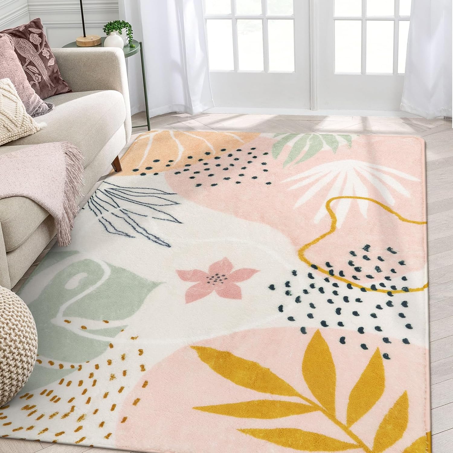 

Modern Abstract Floral Area Rug With Artistic Plant Leaf And Flower Patterns Soft Decorative Carpet For Living Room Bedroom 40x60CM