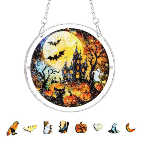 Yousheng Acrylic Puzzle Suncatcher, Halloween Black Cat Castle Raven DIY Sun Catcher Kit, Stained Glass Window Hanging Ornament for Home, Garden