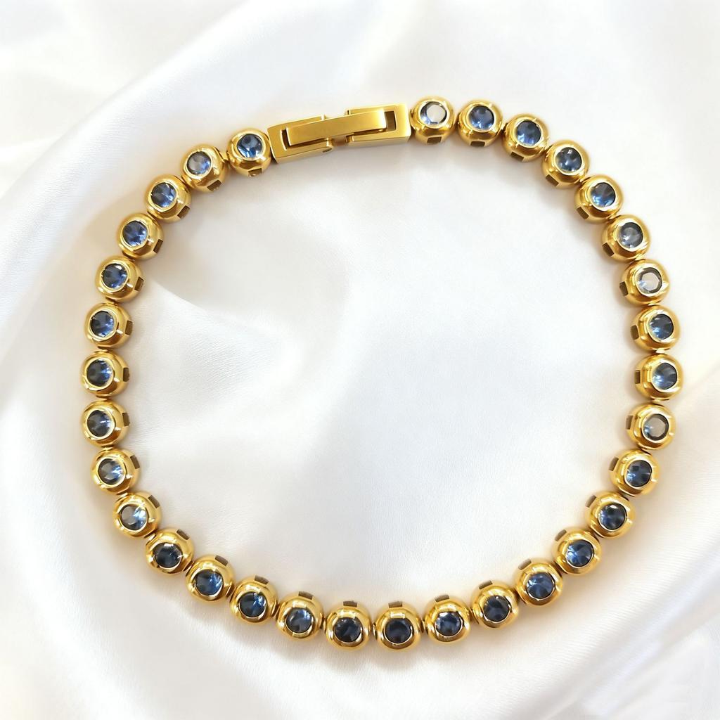Women Dainty Trendy CZ Jewelry Gift 5mm Multi Color 5A ZIRCON Bezel 14K Gold Plated Stainless Steel Waterproof Tennis Bracelet