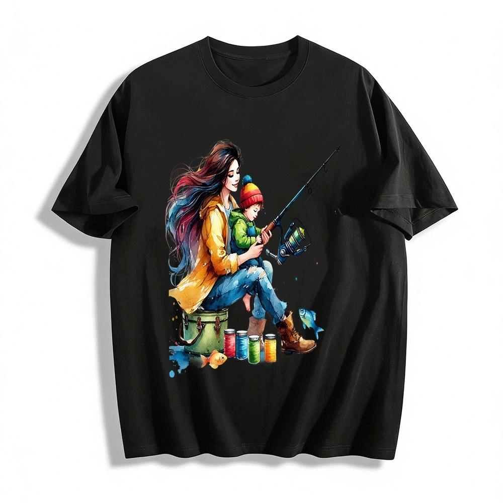 Watercolor Style Parent-child Fishing Time Printed Casual Top Pure cotton T-shirt XXS