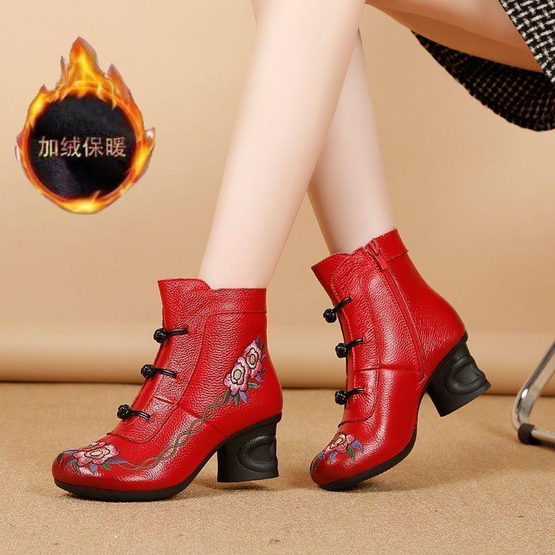 Fashion Ethnic boho ankle boots women's faux leather cheap waterproof shoes woman vintage embroidered boot ladies block mid heel booties