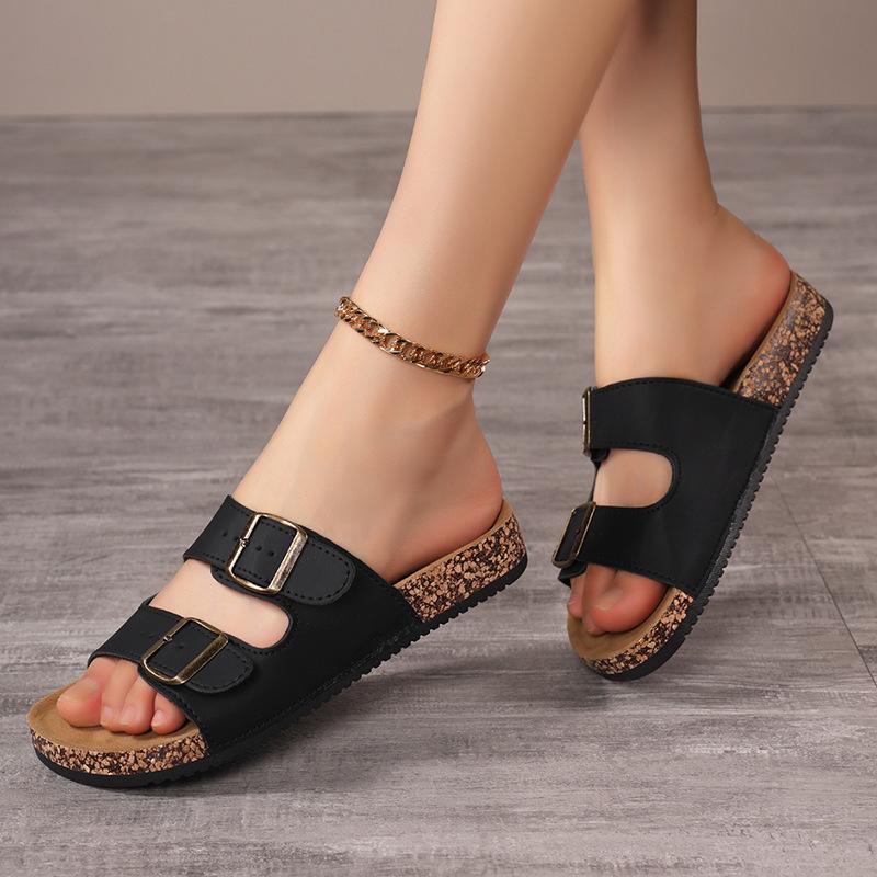 Cork Slippers Men's and Women's Double with Double Buckle Two-word Slippers Summer Thick-bottomed Non-slip Outer Wear Beach Sandals