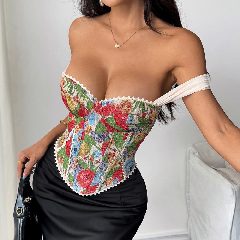 Jacquard Fabric Fish Bone Corset Lace Camisole Top Elegant Jacquard Corset Vest  Evening Wear