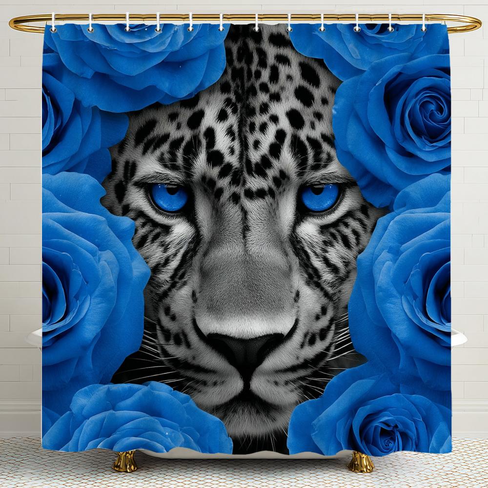 

Cougar And Red,Blue Rose Shower Curtain, Animal Pattern Bathroom Decorative Shower Curtain, Printed Shower Curtain With Hooks W60H190(CM)-1 Pcs