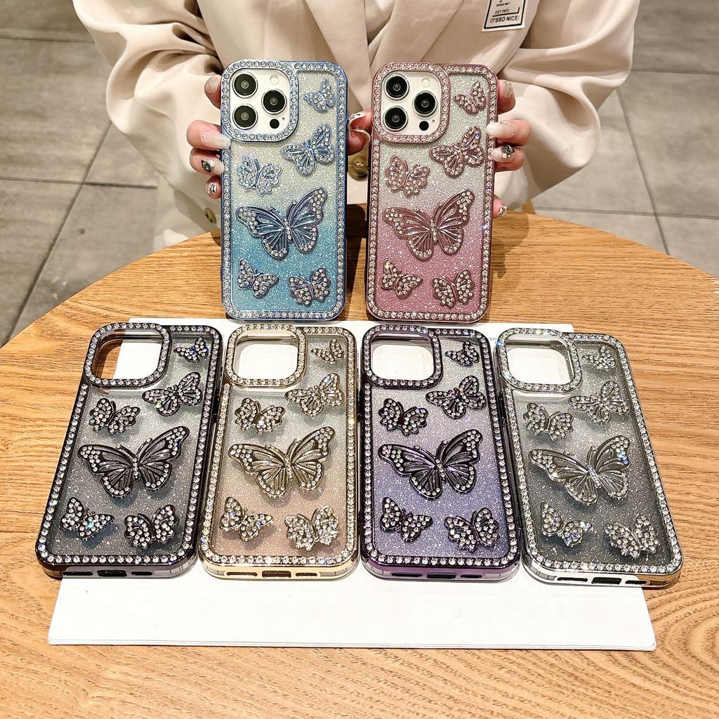 For iPhone 15 Pro Max Case Rhinestone Butterfly Decor Soft TPU Phone Cover