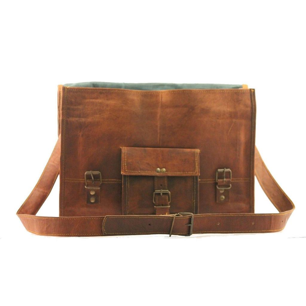 Vintage Genuine Goat Leather Men's Brown Laptop Satchel Messenger Briefcase Bag