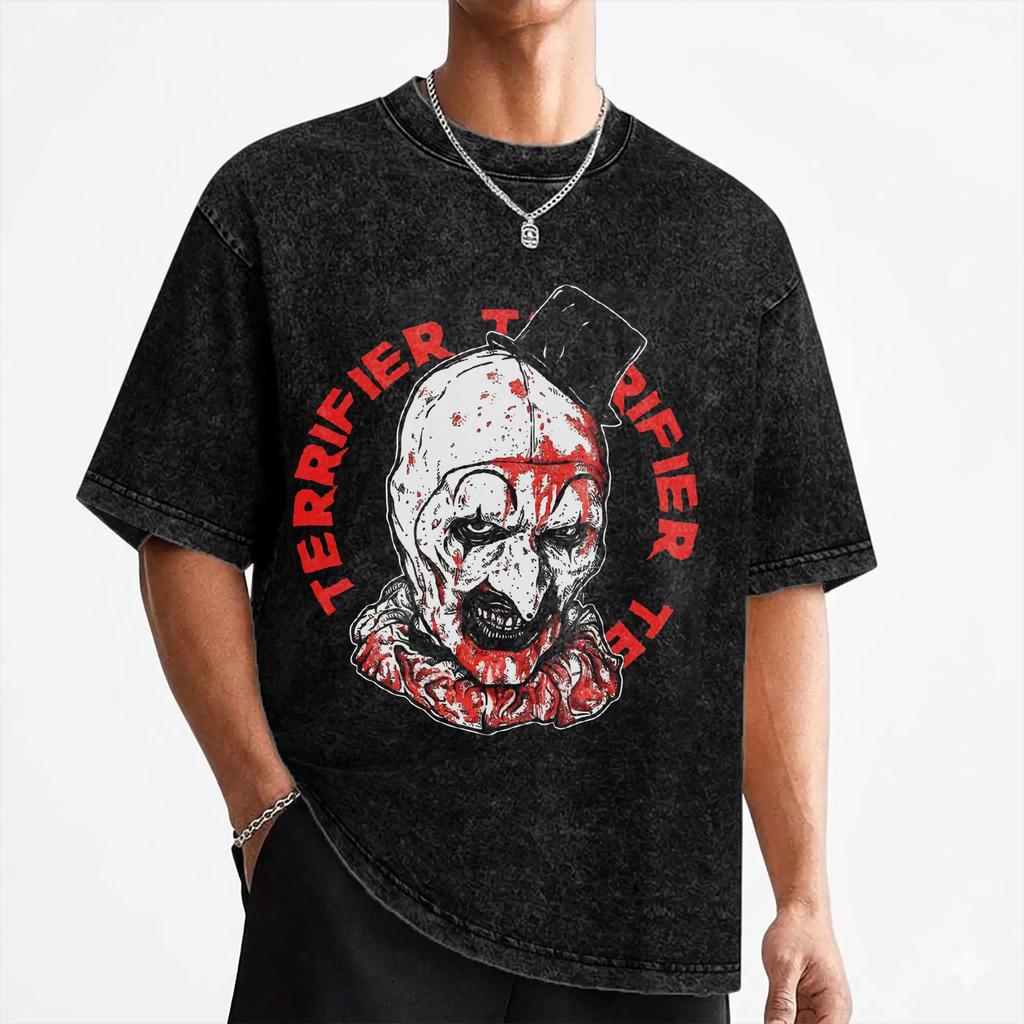 Terrifier Art the Clown T Shirt Washed Short Sleeve Oversize T-Shirt Halloween Vintage for Men Women Streetwear Printed Tees