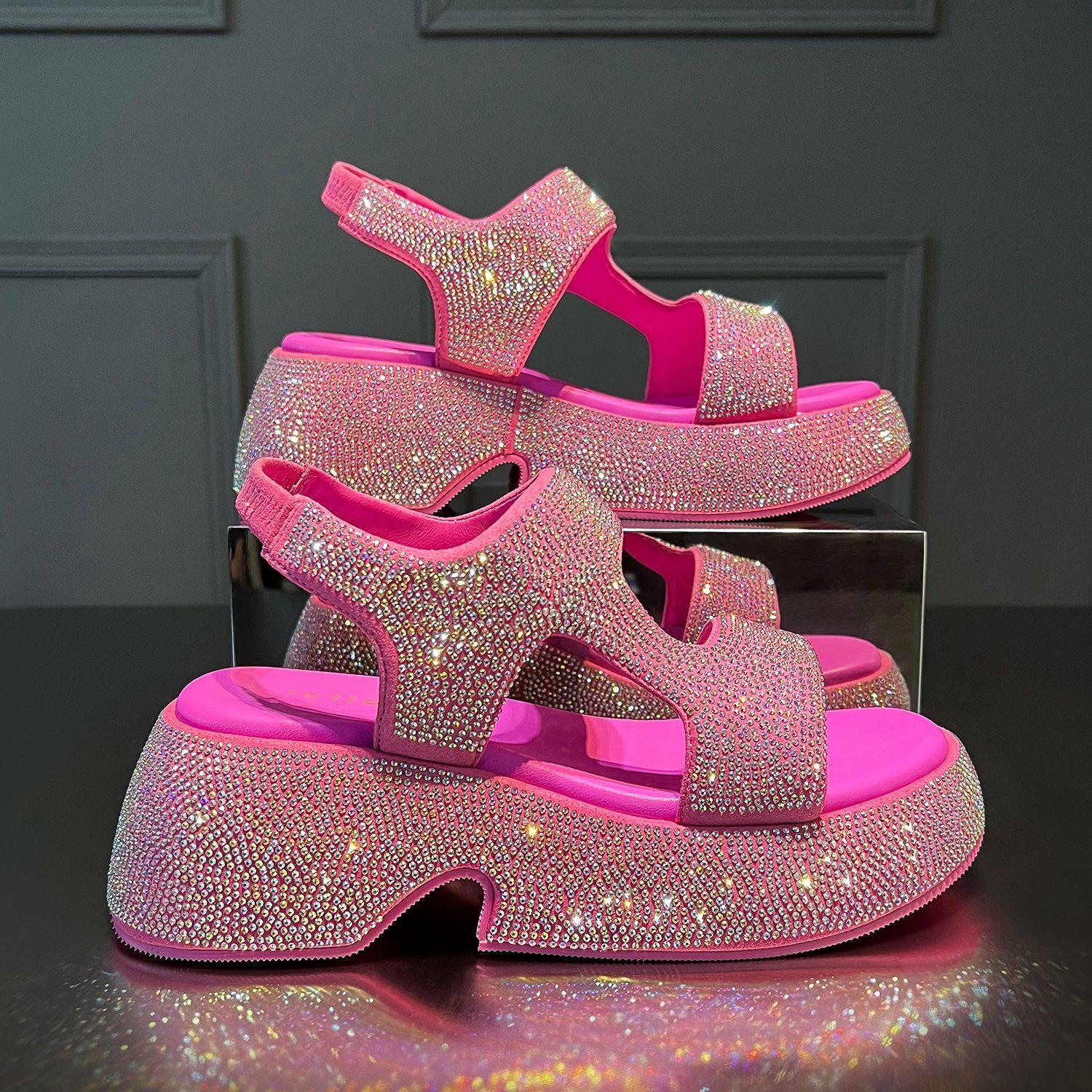 

Fashion Luxury Rhinestone Women Sandals Summer New Sheepskin Elastic Band Thick-soled Open-toed Roman Flat Sandals 40 червоний