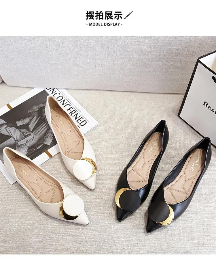Flats Shoes Women Pointed Toe Soft leather Black Beige Lady Fashion Flats Round buckle Flat Sole Large Size 42 43
