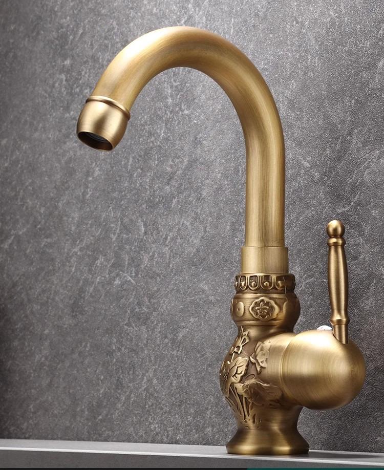 Antique Carved Bathroom Faucet Brass Basin Faucets Hot & Cold Bathroom Sink Faucet Deck Mounted Lavotory Faucet  Mixer Water Tap