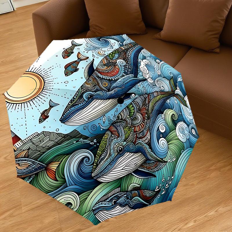 1PC Whale Ocean Automatic Open/Close Umbrella with Windproof, 8-Rib Sturdy Canopy, Durable Ribs, Fashionable Design, Outdoor Accessory, Fun Prin, Holi