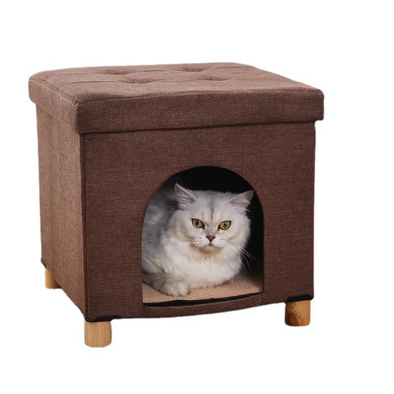 Foldable Pet Bed Bench Cats Small Dogs Multi-Functional Storage Seat Portable Fabric Lounger In Gray Blue Dark Brown