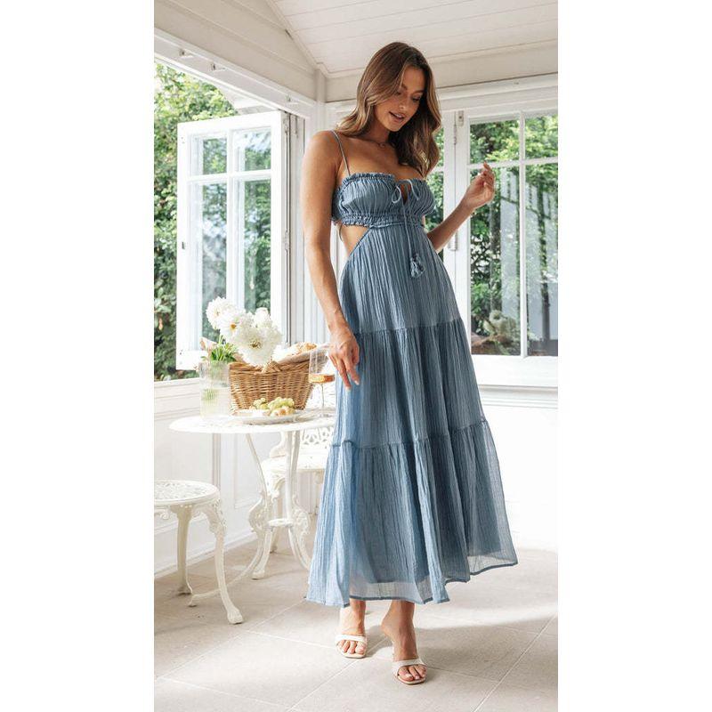 

European and American Women s Clothing 2025 New Sleeveless Pure Color Patchwork Swing Long Dress V Neck Blue S
