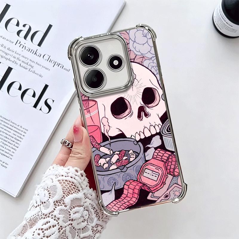 Pink Style Skull Witch Plating Phone Case For Xiaomi Redmi Note 14 15 Pro Plus 13 12 11 11S 11T 10 9S 9 5G Anti-Fall Airabag Cov