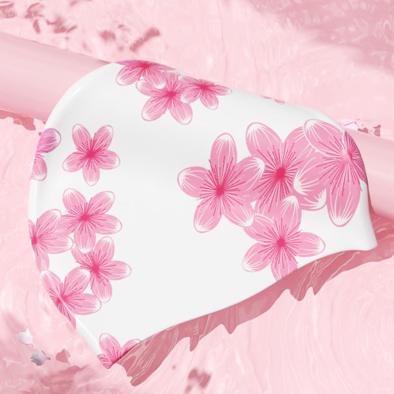 Silikon-Badekappe für Damen, Wasserdichte Badekappen für lange Haare mit Blumenmuster