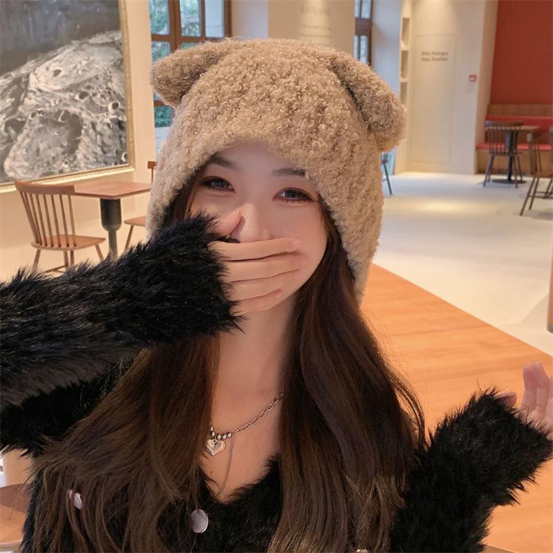 Women's Fashion Korean Style Autumn and Winter Warm Knitted Woolen Earflap Hat Ladies Cute Pullover Teddy Bear Hat