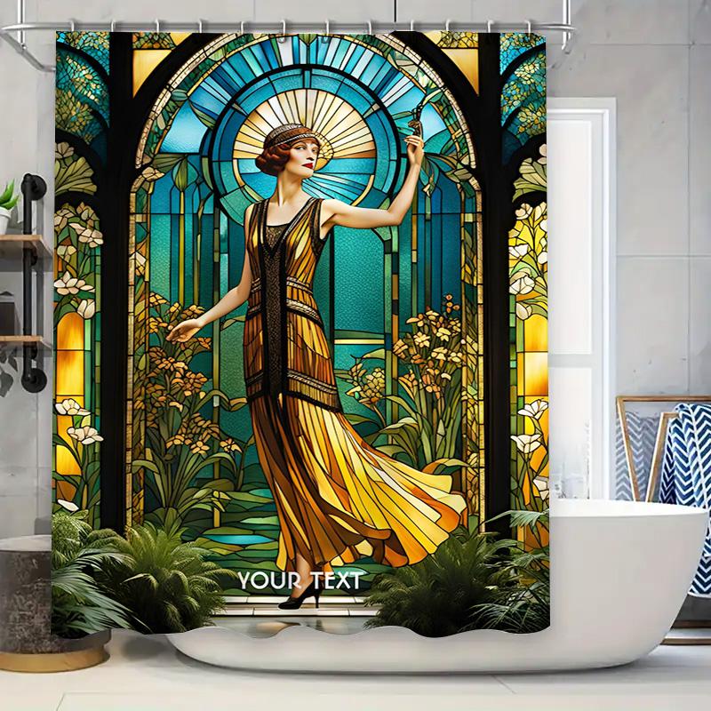 

High-Quality Customizable Glass Art Shower Curtain For Bathroom Decoration Featuring Vintage Woman Fashion Design In Green Flora W60H190(CM)-1 Pcs