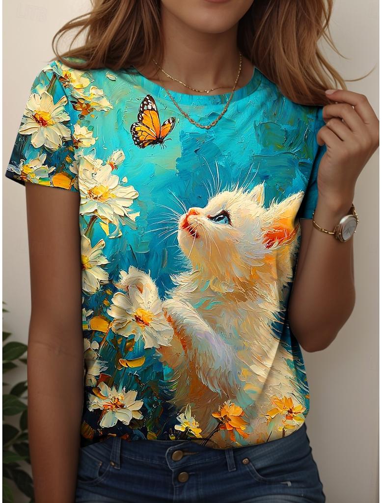 Summer Fashion Women's Animal T Shirt Stylish Kawaii Cat Printed Casual Short Sleeve Crew Neck Tees Round Neck Regular Tops