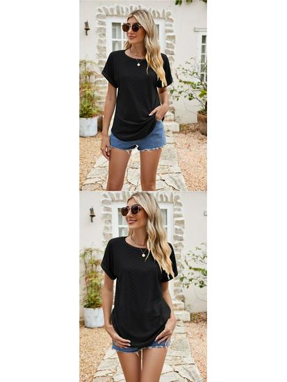 Women's Eyelet Summer Round Neck Short Sleeve Casual T-shirt