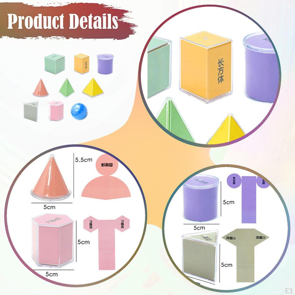 9 Pieces Geometric Solid Blocks Manipulatives Set with 3D Shapes Transparent Geometry Models