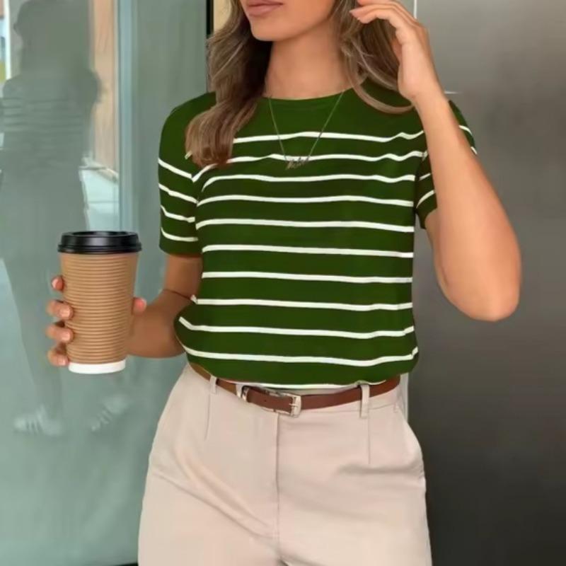 Women Striped Casual Versatile 3D T-Shirt Graphic Tees Round Neck Loose Classic Short Sleeve Vacation Entertainment Commuter Top