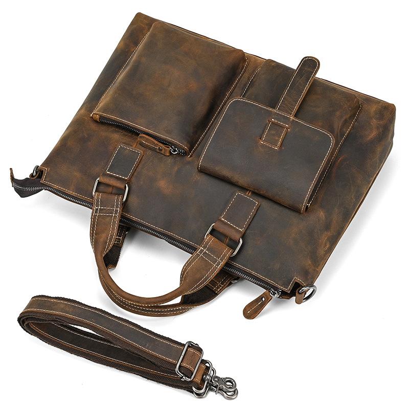 Retro Men'S Multifunctional Briefcase Crazy Horse Leather Computer Bag Genuine Leather Shoulder Bag Business Tote Bag