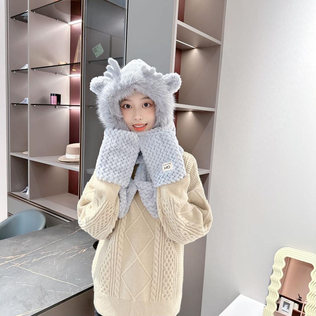 Women's Winter Hat Scarf One-piece New Deer Hooded Cycling Thick Plush Three Piece Set