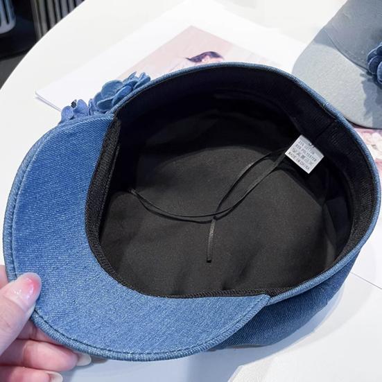 Pălărie de pictor cu bor larg Protecție solară Vizor respirabil Pălărie pentru modelarea feței Decorațiune cu flori 3D Pălărie tip șapcă Newsboy din denim spălat