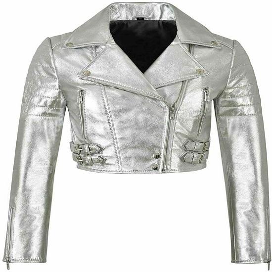 

Noora Women s Genuine Lambskin METALLIC SILVER Leather Jacket | Handmade Quilted Cropped Biker Leather Jacket | PARTY Shinny Leather Jacket | L срібний