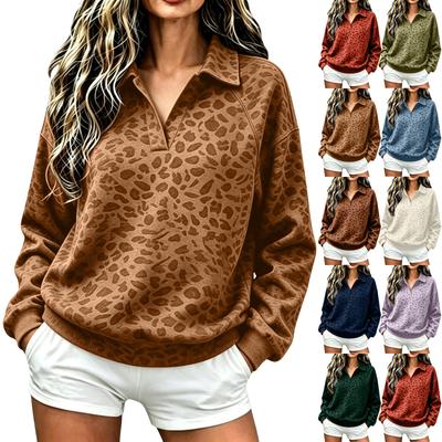 Women's Casual Leopard Print Collared Long Sleeve Sweatshirt