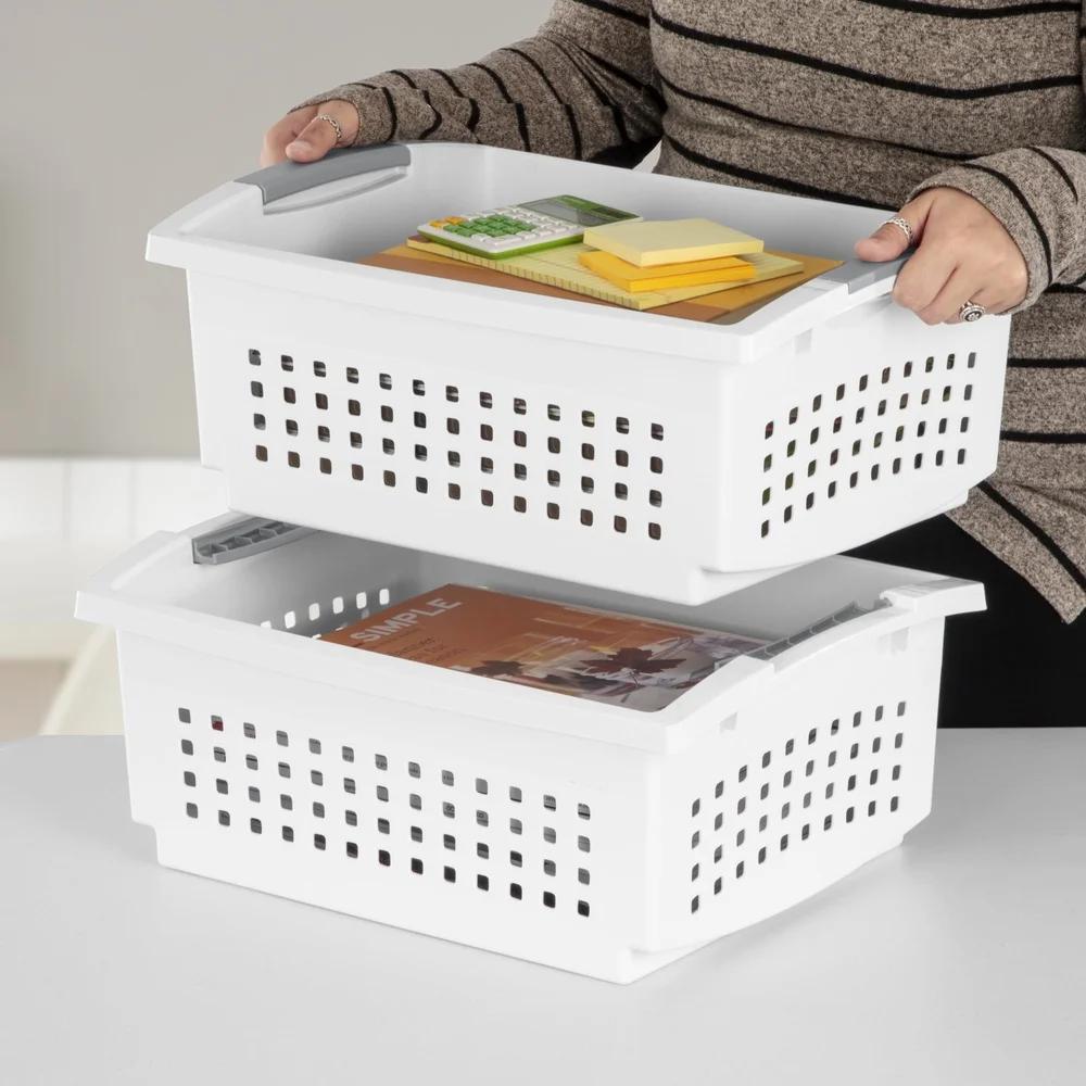 Stackable Open Plastic Bins Storage Baskets Home Organization Countertop Pantry Laundry Room Clutter Management Easy View
