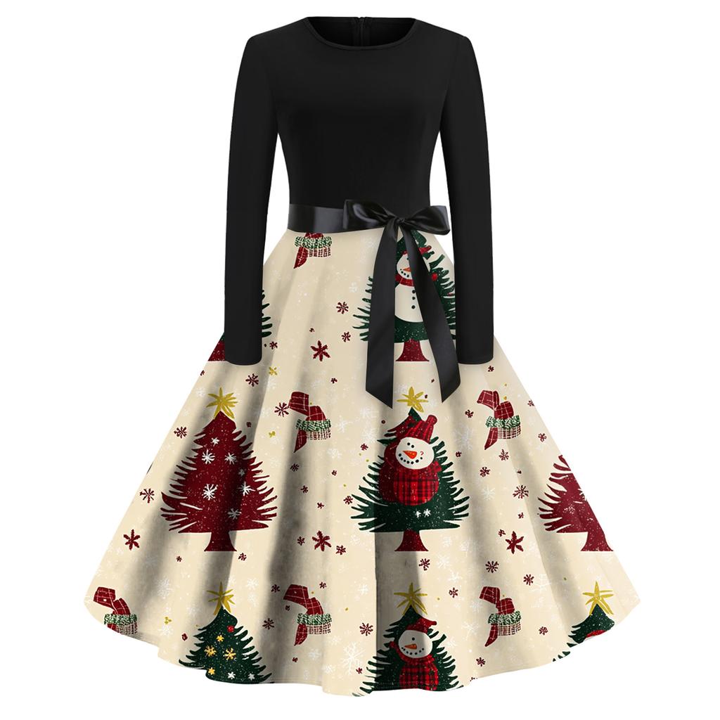 Női Divat Kerek Alkalmi Karcsúsított Karácsonyi Mintás Nagy Lengésű Hosszú Ujjú Ruha