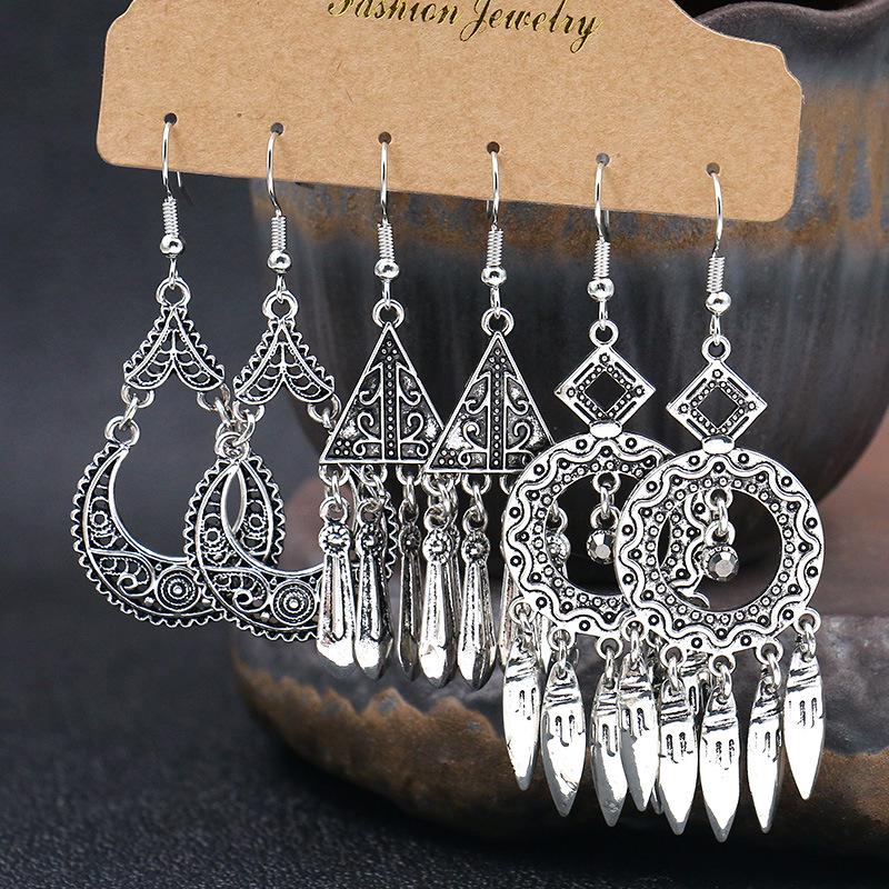 Bohemian Ethnic Retro Earring Set: 3-Piece Hanfu & Nepal Style for Women