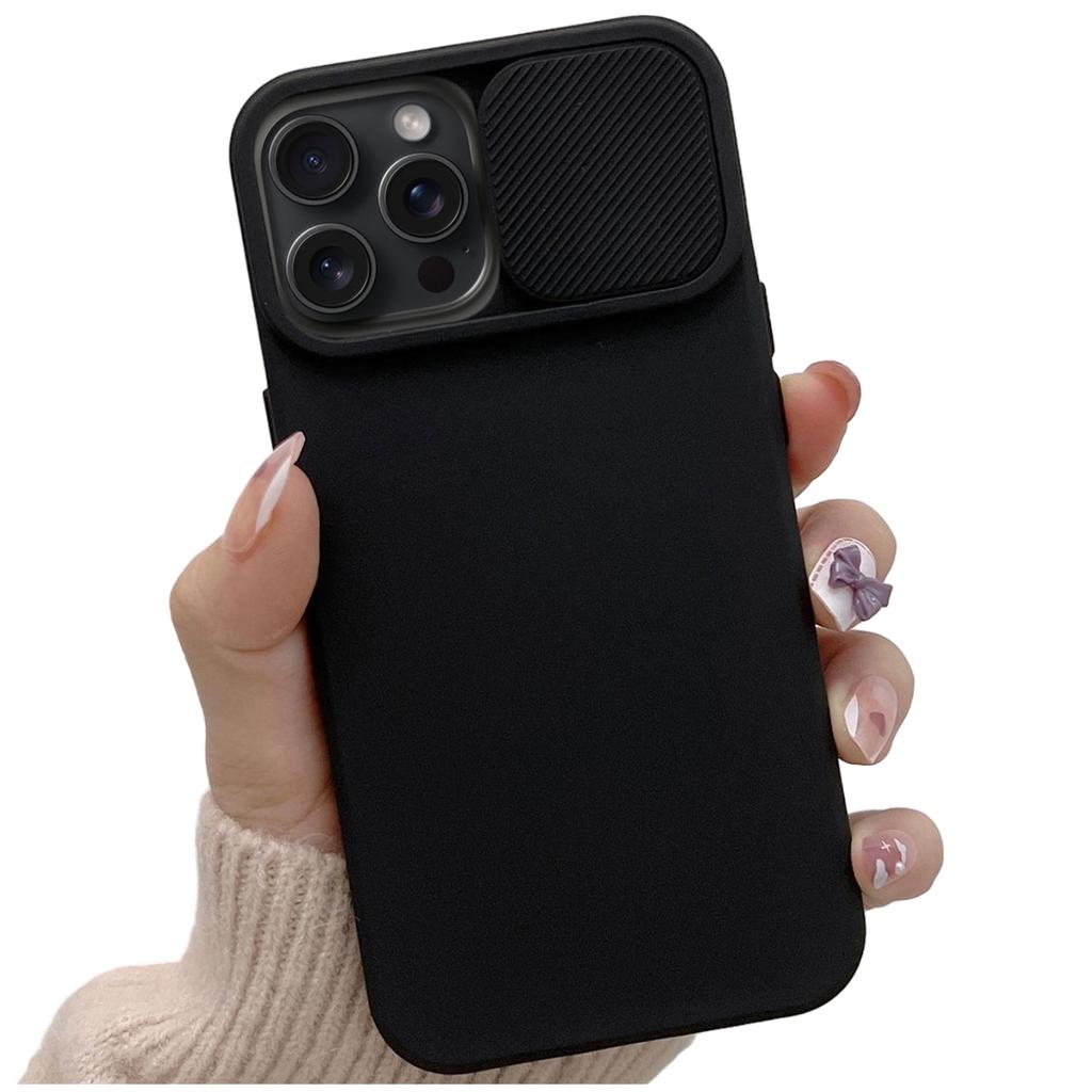 Etui Do Iphone 15 Pro Max Slide Case Z Osłoną Na Obiektyw Aparat Obudowa Matowe Czarne Alogy Soft Matt + Szkło